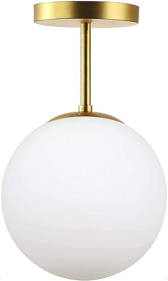 SENFAY Moderne Hanglamp van Glas, E27 Gouden Plafondlamp voor in de Gang met Witte Glazen Bolvormige Lampenkap, 1-lichts Ronde Hanglamp voor in de Slaapkamer, Eetkamer, Keuken (incl. ledlamp)