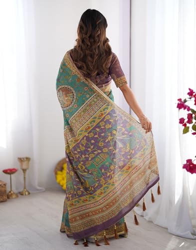 Image of SIRIL Women's Cotton Linen Kalamkari Printed Handloom Saree with Unstitched Blouse Piece