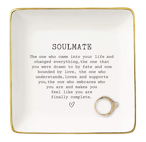 NZY Anniversary Birthday Christmas Gifts for Couple Best friend Bestie Soul sister-Soulmate Gifts for Wife Husband Girlfriend Boyfriend-Soulmate for Her-Ceramic Jewelry Tray Trinket Holder Ring Dish