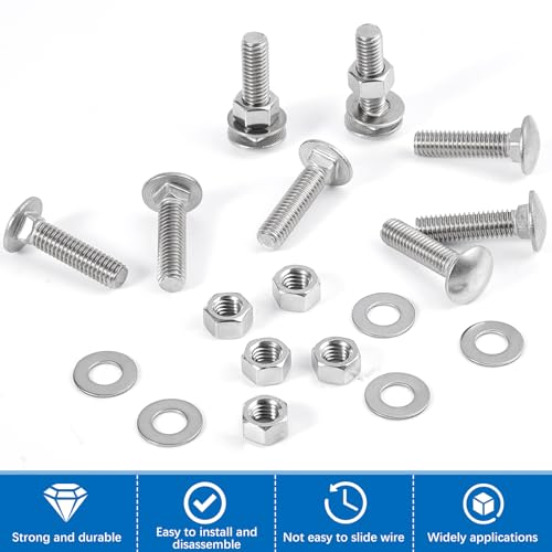 Image of Zonon 25 Sets 3 /8-16 x 1-1 /2 Stainless Steel Carriage Bolts and Nuts Kit Round Head Square Neck Carriage Bolts Screws and Hex Nuts and Flat Washers, Stainless 18-8 Full Thread Coverage (Silver)