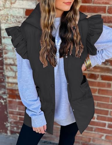 Gihuo Women's Ruffle Sleeve Puffer Vest Winter Padded Vests Outerwear Button Down Sleeveless Quilted Jackets3