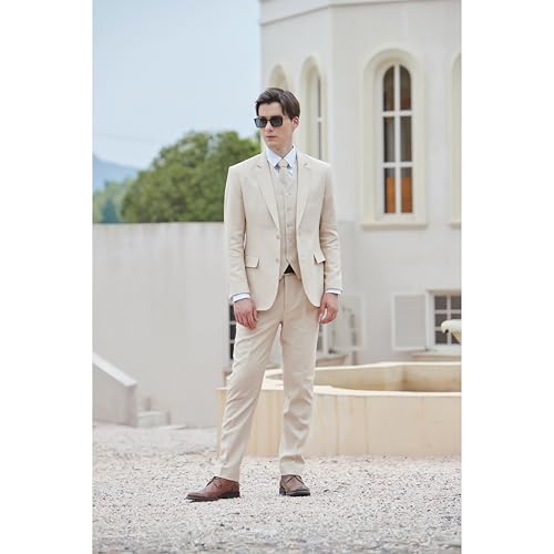 Men's herringbone Linen Suits Beach Wedding Tuxedo Summer Slim Fit Light Weight 3 Pieces2