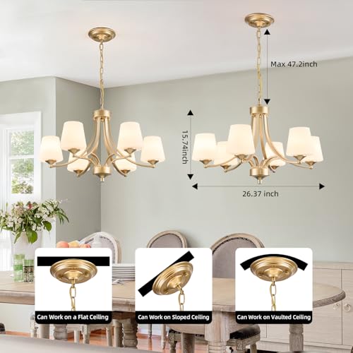 Image of 6-Light Modern Gold Chandeliers for Dining Room 47.2'' Adjustable Height Farmhouse Pendant Light with Frosted Glass Shades,Gold Round Chandeliers Hanging Lamp for Kitchen Island Dining Table Entryway