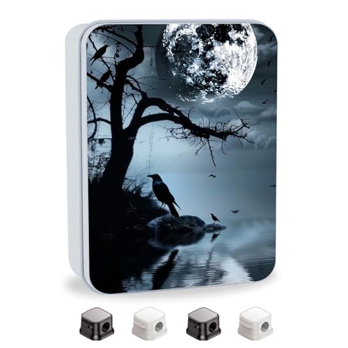 Image of Metal Tin Box with Lid,Multi-functional Storage Box Can Store Tea Biscuits Game Cards, Playing & Tarot Cards-Comes with 4 Magnetic Cord Clips,Raven Moonlight Scene