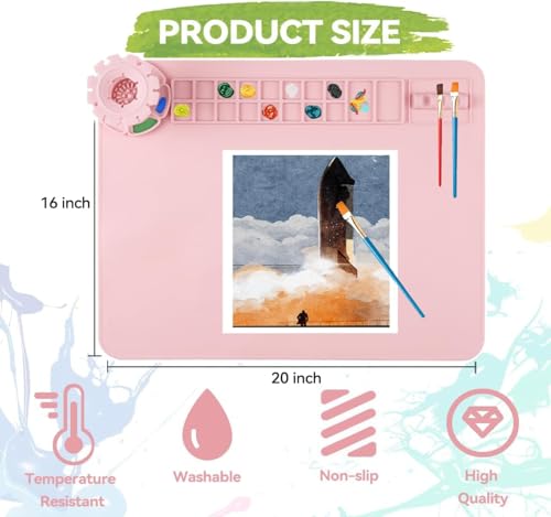 Silikon-Malmatte für Kinder, Kunsthandwerksmatten mit abnehmbarem Becher, 50x40cm Kleinkind-Malmatte, Wasserfarbenmatte Lehmkunst-Zubehör DIY-Zubehör für Malen und Zeichnen - Rosa