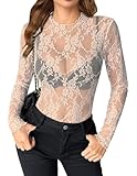 Zeagoo Women Long Sleeeve Lace Shirt Sexy Mesh Going Out Party Sheer See Through Top Floral Fishnet Blouse Cream M