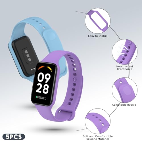 CHULN 5 Pièces Bracelet Compatible avec Xiaomi Smart Band 8 Active et Redmi Smart Band 2, Bracelets de Remplacement Souple Silicone Sport Réglable pour Xiaomi Smart Band 8 Active. – Image 5