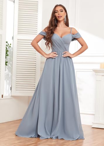 Sukleet Women's Off Shoulder Bridesmaid Dresses Long Slit Chiffon Ruched Evening Formal Dress with Pockets4