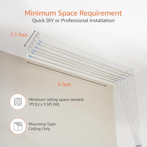 Image of Amazon Basics Heavy-Duty Stainless Steel Ceiling Cloth Dryer (6 Pipes x 6 Feet) with UV-Protected Nylon Ropes - Balcony Clothes Drying Stand with Pulley Mechanism
