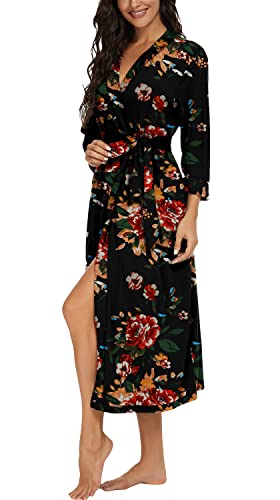 Vintatre Women Kimono Robes Long Knit Bathrobe Lightweight Soft Knit Sleepwear V-Neck Casual Ladies Loungewear Fp-Brown Black-Large #TOP3