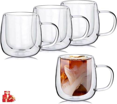 El Mejor Listado de Juegos de café del mes. 42 Juego de 4 Tazas Transparente para Café de Vidrio de Doble Pared - Tazas de Vidrio Fondo Aisladas con Asa - Perfectas para Café Expreso, Café con Leche y Capuchinos (80ml)