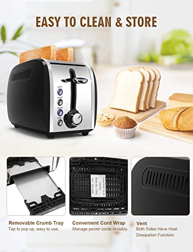 Toaster 2 Slice, Jewjio Black Stainless Steel Bagel Toaster With 1.5" Wide Slot For Waffles, 6 Bread Shades Setting/Bagel/Defrost/Reheat/Cancel Function/Removable Crumb Tray 800W #TOP7