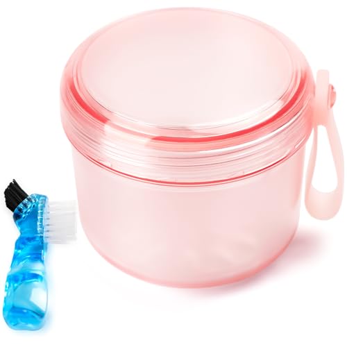Mckkor Leak Proof Travel Denture Bath Case for Full Dentures, Denture Cups for Soaking Dentures, Denture Container Cups with Brush for Dentures, Aligner, Retainers, Mouth Guard (Transparent Rouge)