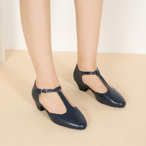 Image of MAIERNISI JESSI Women's T-Strap Mary Jane Pumps, Low Block Heel, Closed Toe, Buckle Ankle Strap