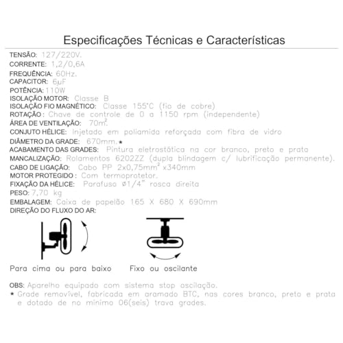 Ventilador de Parede Preto Premium Oscilante, 3 Pás, Preto, 67cm, Bivolt (110v / 220v), Q670 P Quali