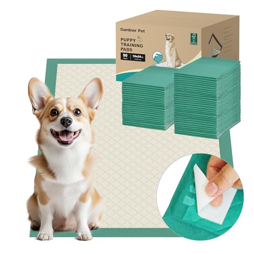 Image of Gardner Pet Puppy Pee Pads Large 18 inchx24 inch, 50 Count, Dog Pee Pads with Adhesive Sticky Tape, Max Absorbency, Leak Prevention Disposable Training Bed Pad for Doggie, Cats, Rabbits, Crate /Cage