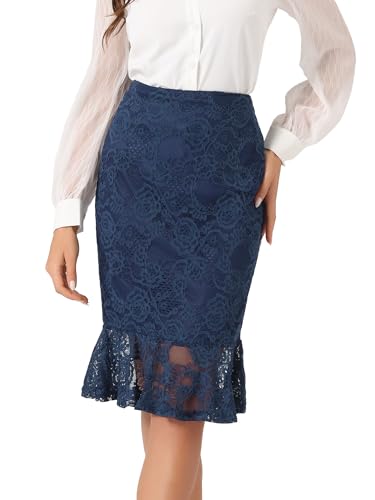Image of Allegra K Women's Elegant Vintage Mermaid Fishtail Lace Skirt Stretch Office Bodycon Pencil Skirt Dark Blue M