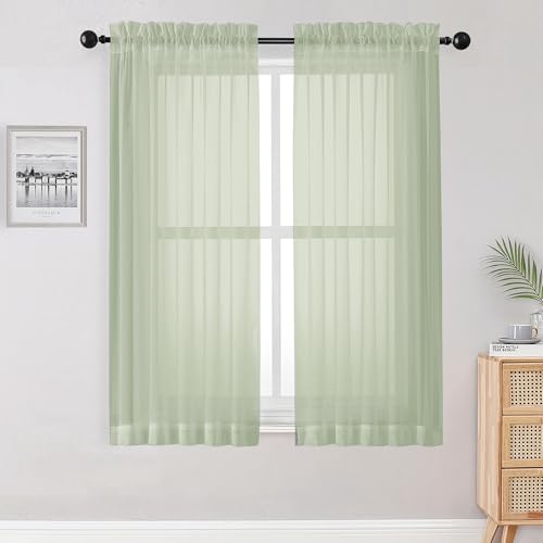Image of OWENIE Sheer Curtains 54 inches Long 2 Panles for Living Room Bedroom Small Windowm, Rod Pocket Light Filtering Voile Sheers Drapes, 42 inch W x 54 inch L, Light Green