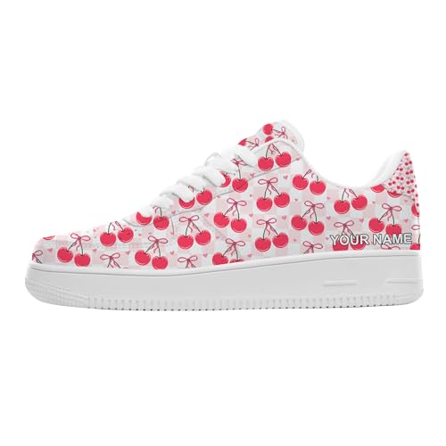 Unique Custom Name Low-Top Sneakers for Womens, Personalized Cute Cherry Print Casual Everyday Walking Comfortable Outdoor Shoes, White Fashion Sneakers for Women2