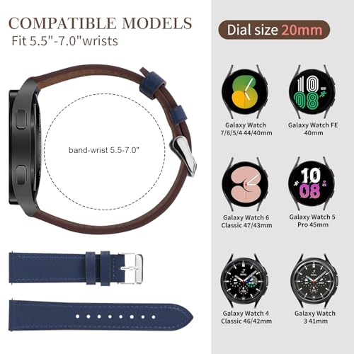 Italy Genuine Leather Watch Bands Compatible with Samsung Galaxy Watch 7 6 5 4 40mm 44mm, 5 Pro 45mm, 6 4 Classic Active 2, 20mm Quick Release Leather Watch Replacement Band for Women Men(Pack of 2)