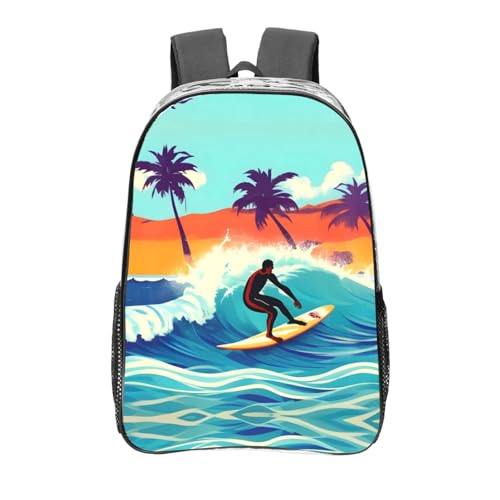 Sac à dos transparent motif surfeur imprimé ondulé avec poches de rangement noir