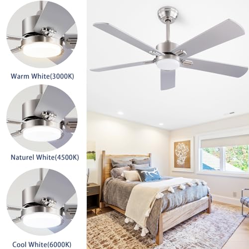 QUTWOB 52" Ceiling Fans with Light and Remote,Farmhouse 5 Blades Quiet Reversible DC Motor Ceiling Fans for Modern Indoor/Outdoor/Patio/Living Room/Bedroom(Silver/burlywood) thumbnail 5