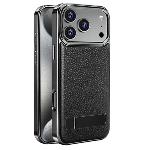 Étui en cuir iPhone 17 Pro de luxe à texture litchi avec support et charge magnétique noir