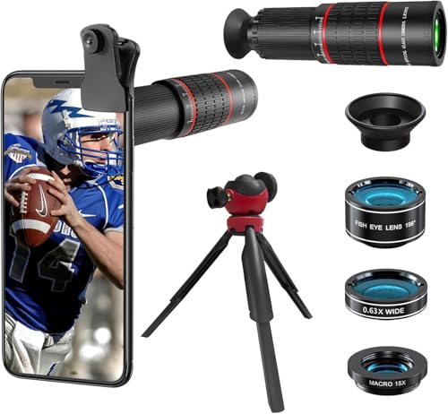 QUORIX 22x Telephoto Lens & 4-in-1 Phone Camera Lens Kit Compatible with iPhone& Andriod : 0.63x Wide Angle Lens / 198° Fisheye lens/15x Macro Lens,BAK4 Prism/FMC Coating,with Tripod&Clip