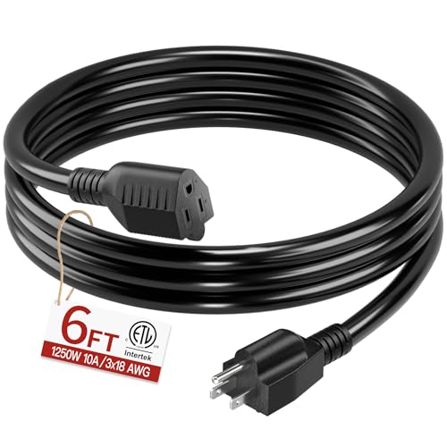 Image of 18 /3 Indoor Extension Cord 6 FT, Black Extension Cord Flexible & Durable, 3 Prong Power Cable, Suitable for Home and Office, 10 Amp 1250 Watt 125VAC 18AWG, ETL Listed