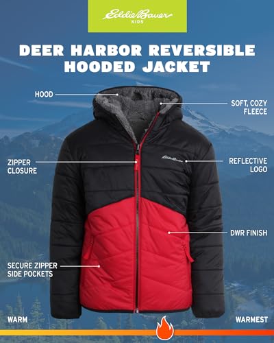Image of Eddie Bauer Boys' Reversible Jacket - Waterproof Lightweight Fleece Lined Hooded Puffer Coat - Boys Outerwear Jacket (5-20)
