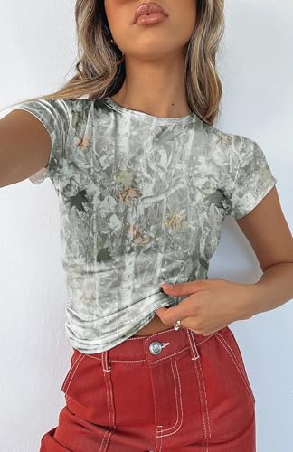BAIGRAM Women Camo Shirt Short Sleeve Fitted Maple Leaf Print Crop Tops Cute Graphic Tees Vintage Y2K Going Out Summer3