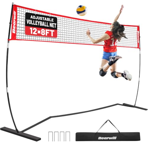 Bearwill Volleyball Net, 12FT Portable Volleyball Net for Backyard, Freestanding Volley Ball Set Height Adjustable with Carry Bag, Volley Ball Practice Nets Training Equipment for Indoor and Outdoor
