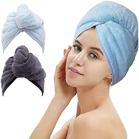 2 Pack Hair Drying Towels, Hair Towel Wrap, Super Absorbent Microfiber Hair Towel Turban with Button Design to Dry Hair More Quicker(Dark Gray& Blue)