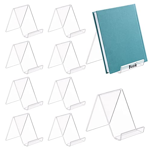 FINGERINSPIRE 10pcs Transparent Acrylic Book Stands for Display, Clear N/C Shape Flat Back Stands, Easel/Picture/Album/Brochure Holder for Organizing (8.4x5.6x7.65cm)