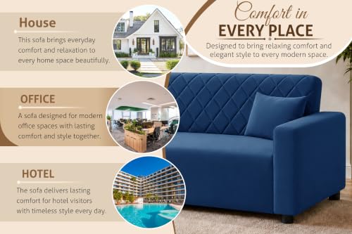 Image of Rosebell 3 Seater Wooden Sofa for Living Room, Modern Fabric Upholstered Sofa with Quilted Backrest, Cushioned Seating, Padded Armrests & Sturdy Wooden Frame - Blue