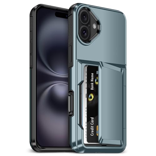 Vofolen for iPhone 16 Case with Card Holder [3 Cards] Heavy Duty Shockproof Protective Military Drop Protection Hard Back Flip Rugged Wallet Cases for iPhone 16 Phone Case-Navy