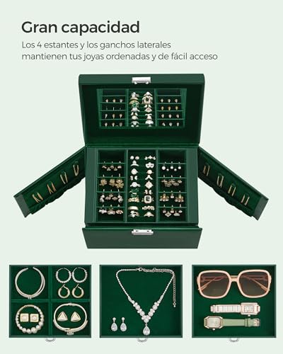 Miniatura 3 de Songmics Caja Joyero De 4 Niveles, Caja Para Joyas Con Asa, 3 Cajones, Espejo, Cerradura, Para Viajar, Estilo Moderno, Regalo Para Seres Queridos, Verde Retro Jbc159c01