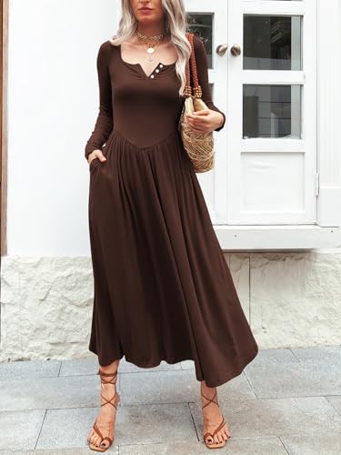 Image of Mieazom Long Sleeves Maxi Dress for Women A Line 2025 V Neck Casual Button Boho Tshirt Long Dress with Pockets