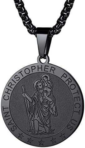 FaithHeart Personalised St Christopher Necklace for Men Engraved Patron Saints of Travellers Pendant Catholic Jewellery Gold/Black/Stainless Steel Saint Christopher Necklaces Christening Gifts for Boys Child