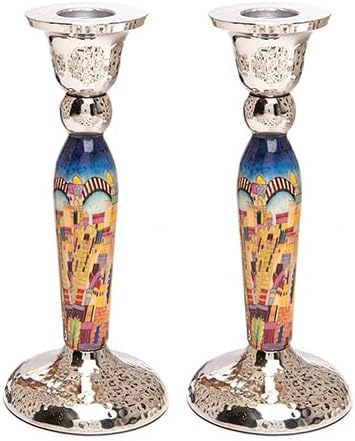 Yair Emanuel - Portavelas de pilar moderno de 6.5 pulgadas, portavelas Shabat, diseño colorido e intrincado, juego de dos regalos de Judcaia