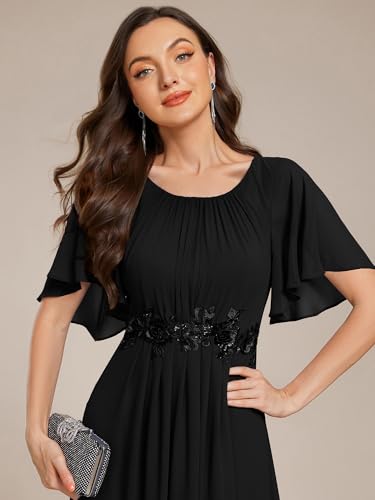 Image of Ever-Pretty Women's Classic Round Neck Pleated Short Sleeves Chiffon Appliques Floor Length A Line Formal Evening Dresses