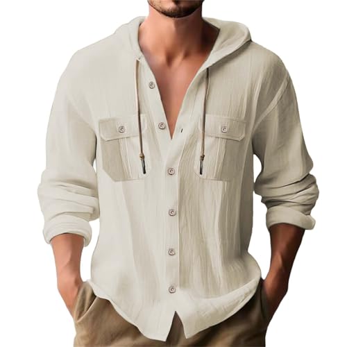 Linen Shirts Mens Summer Lightweight UPF 50+ Sun Shirt with Hood Casual Breathable Dry Fit Rash Guard Fishing Hoodies