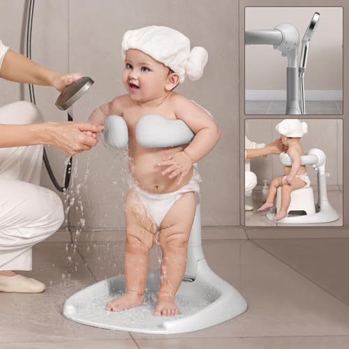 Image of Adjustable Baby Shower Stand, Baby Bath Stand, Baby Shower Standing Support with Adjustable Height and Safety Handle, Foldable and Compact Baby Bathtub with Stand for Baby 6-36 Months (Grey)
