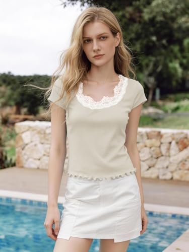Outfeel Women's Lace Trim Scoop Neck Cap Sleeve Cropped Tee, Soft Stretch Slim Fit Coquette Balletcore Summer Going Out Top Apricot Medium — view 5