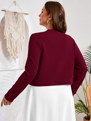 AusLook Plus Size Women Shrugs Long Sleeve Burgundy 4X Open Front Cardigan Knit Lightweight Coat Cropped Bolero Tops Shawls and Wraps Dressy Sweater — view 6