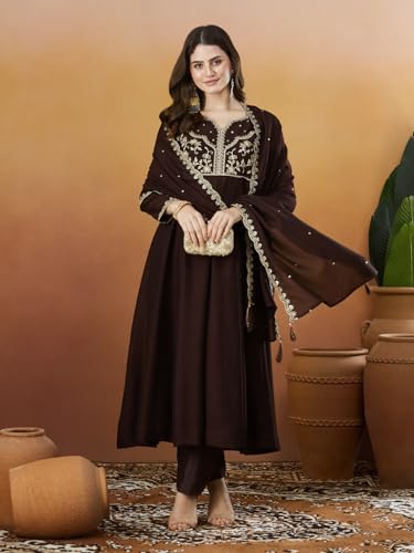 Image of MOKOSH Women's Silk Anarkali Kurta Pant with Dupatta | Anarkali Kurta Set | Embroidered | Ethnic Wear | Notch Neck Full Sleeve