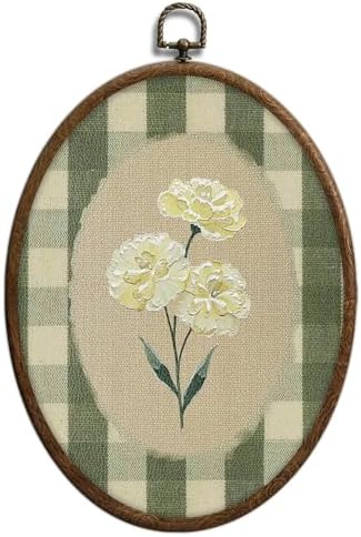 Flower Oval Wall Art, Green Gingham Oval Cottage wall Decor, Retr...