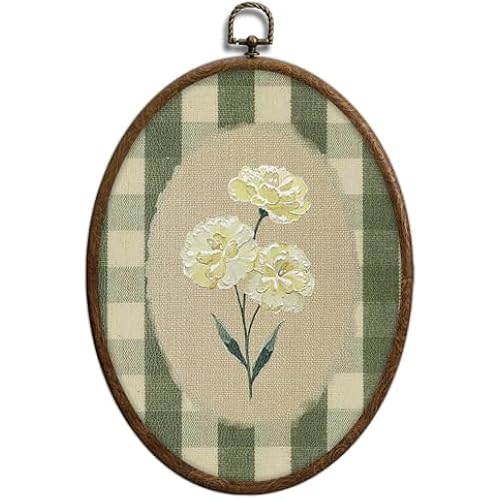 Flower Oval Wall Art, Green Gingham Oval Cottage wall Decor, Retro Botanical Grandma Cottage Core Home Decor for Western Farmhouse Bedroom Living Room, Home Retro Decor Products, 7x10 Inches, 15
