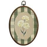 Flower Oval Wall Art, Green Gingham Oval Cottage wall Decor, Retro Botanical Grandma Cottage Core Home Decor for Western Farmhouse Bedroom Living Room, Home Retro Decor Products, 7x10 Inches, 15