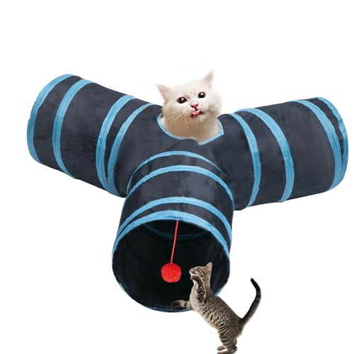 Deofun Cat Tunnel Tube Toys，Tunnels for Indoor Cats, 3 Way Blue Collapsible Interactive Toy with...